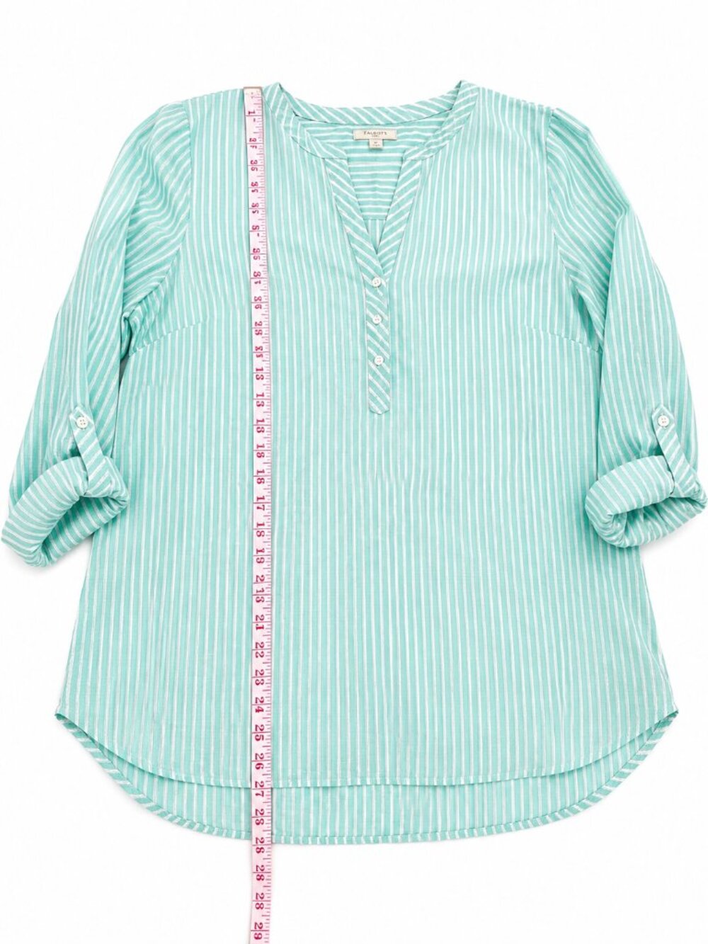 TALBOTS LINEN BLEND SHIRT XL WHITE/MINT GREEN STRIPED ROLL TAB COASTAL BREEZY - Picture 8 of 12